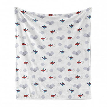 Cartoon Airplane Soft Flannel Fleece Throw Blanket, Little Colorful Planes in Sky with Greyish Clouds Transport Theme, Cozy Plush for Indoor and Outdoor Use, 50" x 60", Multicolor, by Ambesonne