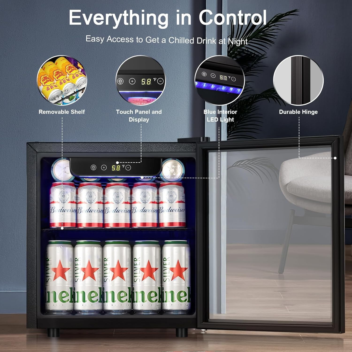 FREE VILLAGE Mini Fridge 12 Bottle 48 Can Beverage Refrigerator Cooler with glass door,1.3 Cu.Ft Small Drink Fridge for Soda Wine Beer,Adjustable Temperature Control for Home Office Bar,Black
