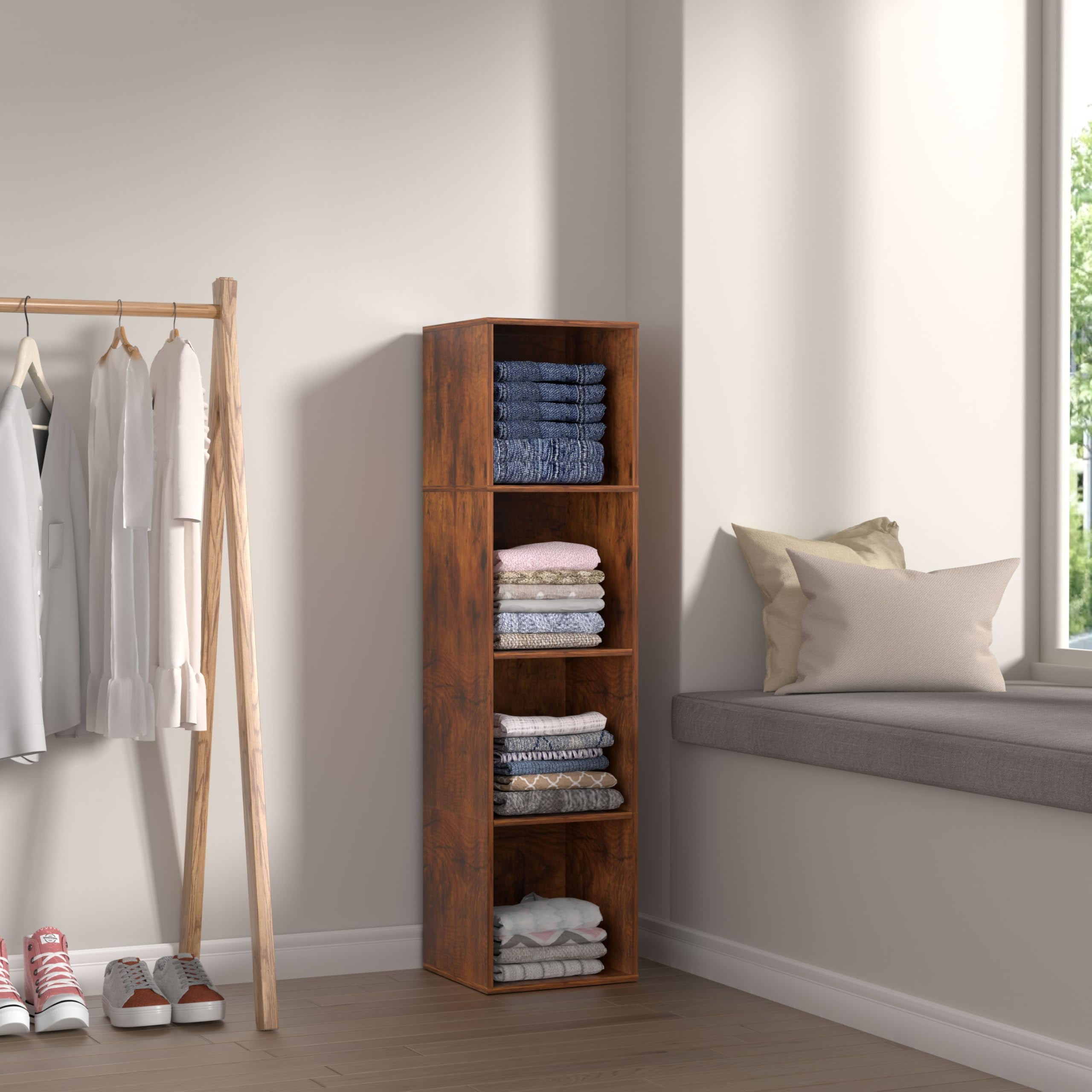 VAFHYLLIS Brown 4 Cube Storage Organizer, 4 Tier Cube Bookcase Freestanding Storage Display Organizer for Home Office, Four Cubes Open Shelf Bookshelf