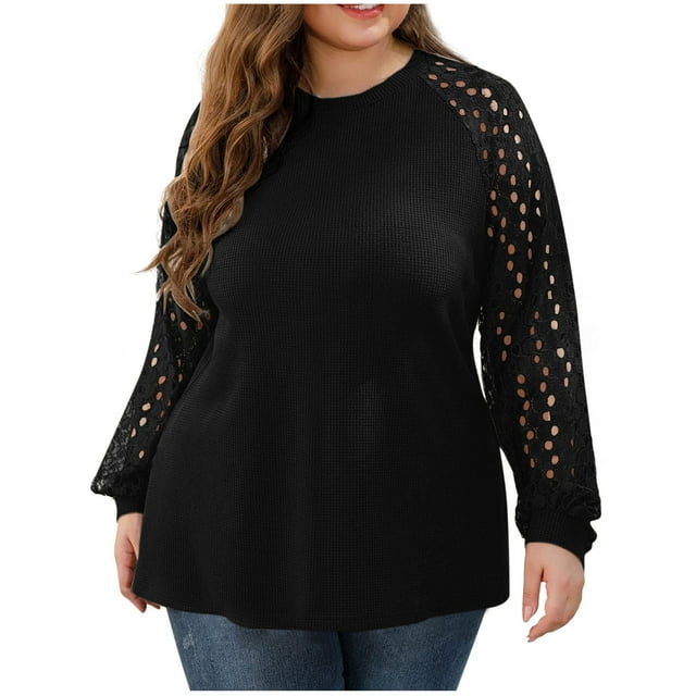 Plebaso Tops Grande Taille pour Femmes à Manches Longues Ajourées, Blouses à Empiècements, Col Ras du Cou, Chemises de Mode pour Femmes