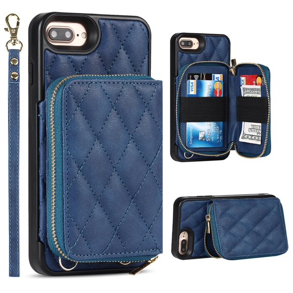 Allytech Case for iPhone 8 Plus/7 Plus,Vintage Magnetic Leather Detachable Card Slots Wallet Bag Case Kicstand Cover with Hand/Shoulder Strap For iPhone 8 Plus/7 Plus,Blue