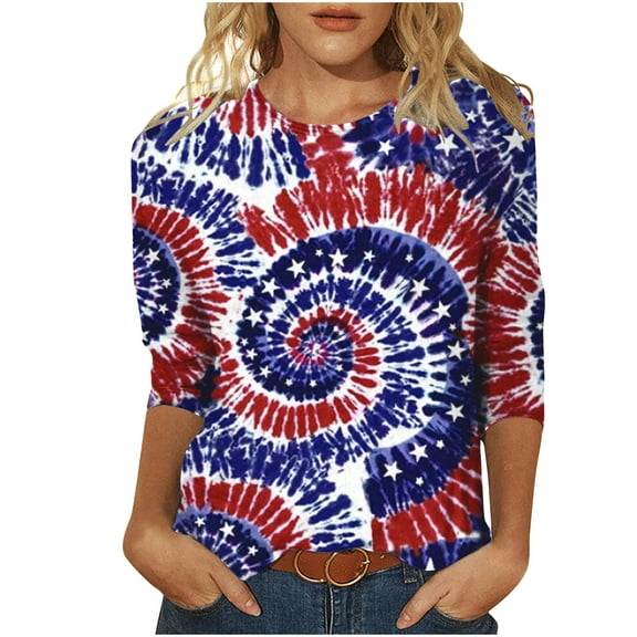 IROINNID Long Sleeve T-Shirts for Women Independence Day Printed T-shirt 3/4 Sleeves Blouse Round Neck Home Tops,Blue