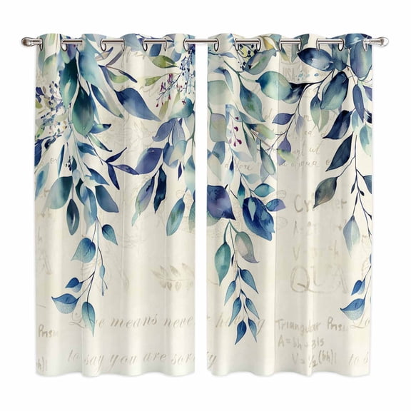 Blue Teal Eucalyptus Leaves Kitchen Curtains 63 Inch Length, Watercolor Vintage Botanical Grommet Top Bedroom Living Room Curtains, Light Filtering Cafe Curtain Drapes 2 Panels Set 84''x63''