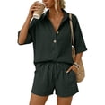 thumbnail image 4 of Women 2 Piece Linen Short Sets 2026 Summer Vacation V Neck Short Sleeve Beach Outfits Oversized Button Casual Suits Dark Green M, 4 of 7