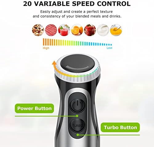 Immersion Handheld Blender with Whisk, 20-Speed & Turbo Mode Hand Blender Stick 500W, 304 Stainless Steel Hand Blender for Soup, Smoothie, Puree, Baby Food