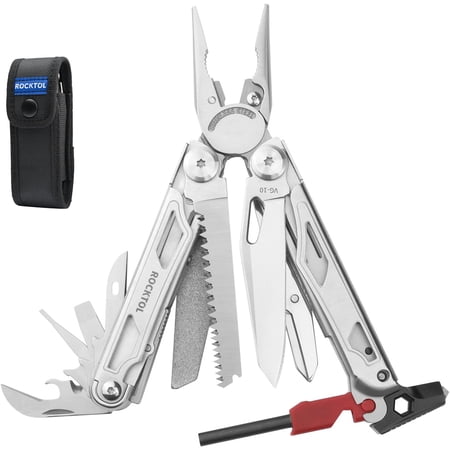 ROCKTOL Multitool SK04 VG-10 Blade 22-in-1 Multi-tool Pliers with Fire Starter Emergency Whistle Glass Breaker Safety Locking and Nylon Sheath for Survival Camping multi tool for men