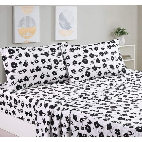 Say Yes Bedding Hepburn White Black Floral 100% Cotton Sheet Set with Pillowcase ,Twin Size