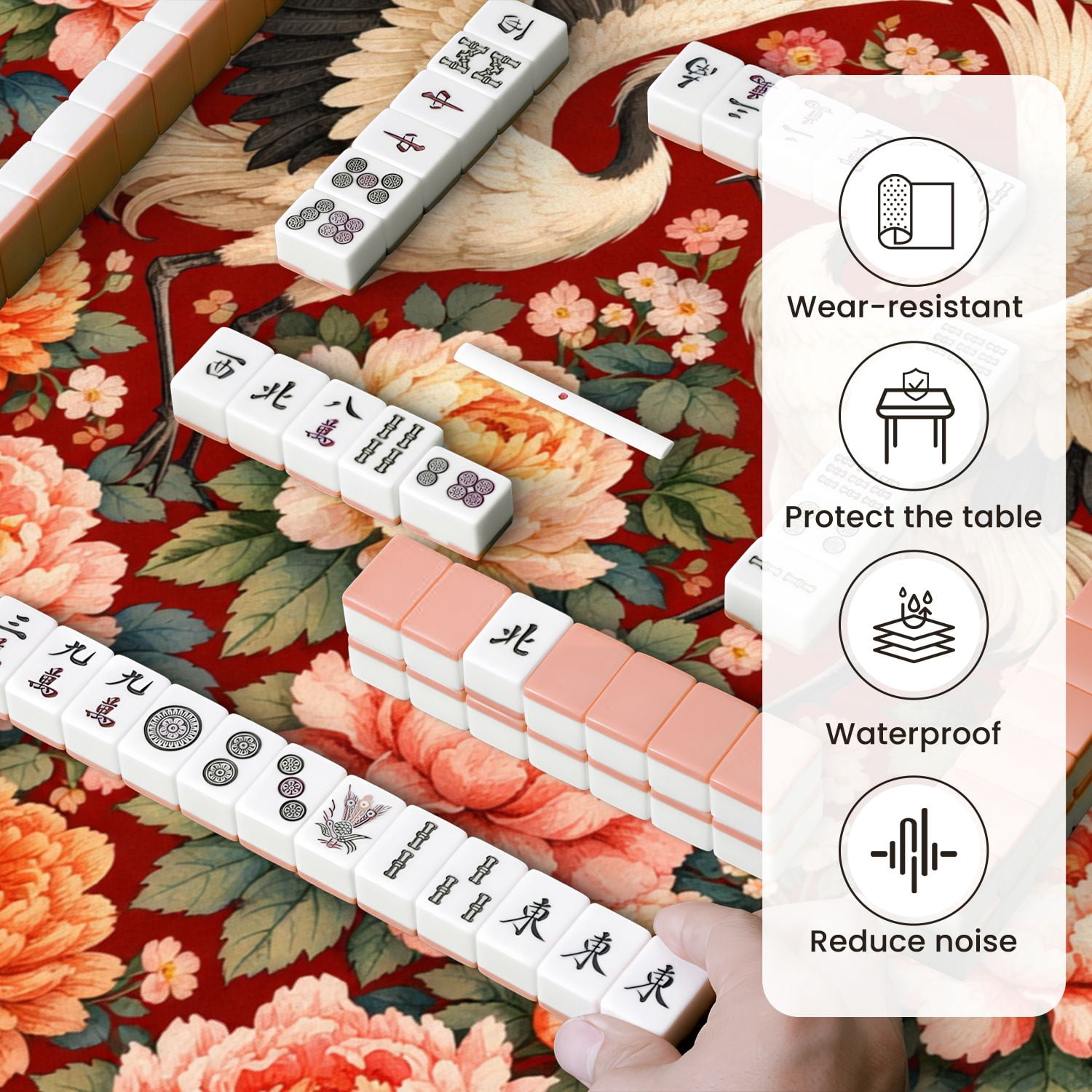 Mahjong Mat 31.5" x 31.5" Elegant Crane Birds Peony Flowers Red Non-Slip Noise Reduction Mahjong Tiles Table Cover for Dominoes Poker Card Board and Tile Games