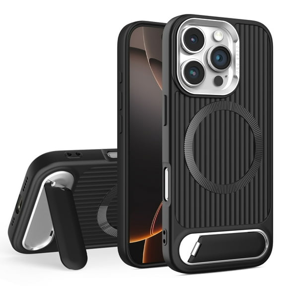 Decase Compatible with iPhone 16 Pro Max Metal Hidden Stand Magnetic Phone Case,Military Grade Drop Protection,Shockproof Hard PC Soft TPU Bumper Hybrid Kickstand Protective Cover,Black