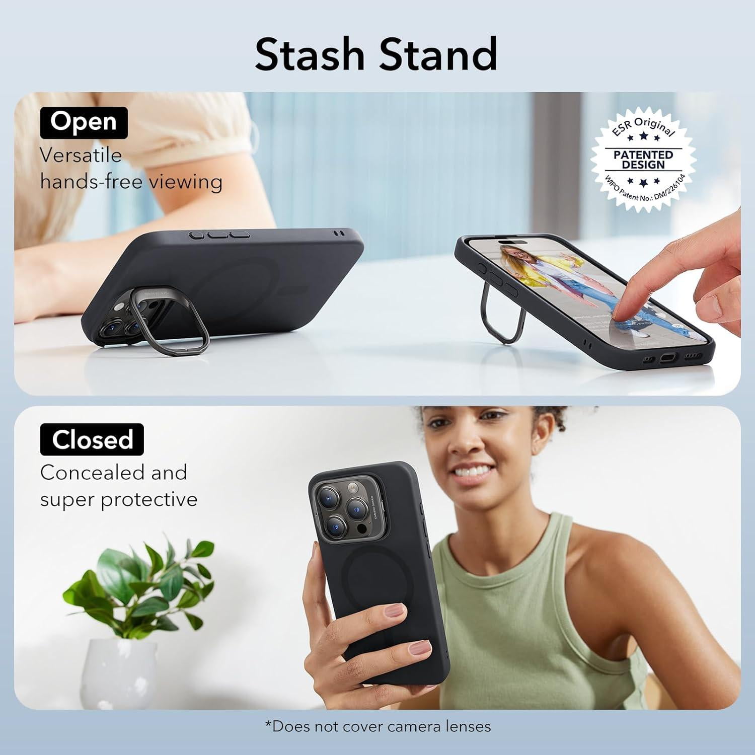 ESR iPhone 15 Pro Case, MagSafe Silicone Case with Stand, Military-Grade Protection, Built-in Camera Stash Stand, Black