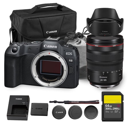 Canon EOS R8 Mirrorless Camera | 24.2MP Full Frame Sensor 4K 60p Video | Compact Lightweight Hybrid Camera for Travel and Content (5803C002) + Canon RF 24-105mm Lens + 64GB Card + Bag