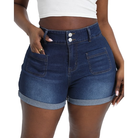 Gocolloa Women Plus Size Jean Shorts Stretchy 3.5" Sexy Trendy Patch Pocket High Waisted Denim Shorts Dark Blue 24W