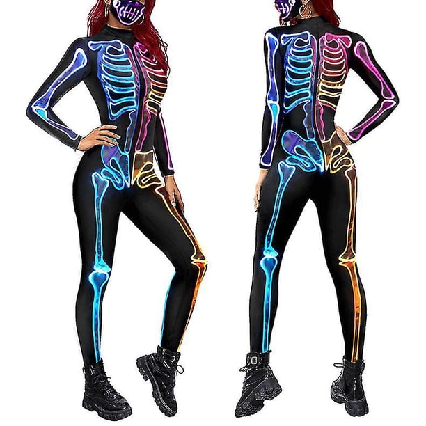 Mono 3d con estampado de esqueleto colorido para mujer, traje de fiesta de Halloween de una pieza
