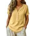 thumbnail image 6 of LEKODE Linen Tops for Women Casual V Neck Gauze Shirts for Women 3/4 Sleeve Casual Tunic Blouses Everyday Shirt Tunic Tops Summer Tees Loose Clothes Henley Shirt Button Blouses Yellow M, 6 of 8