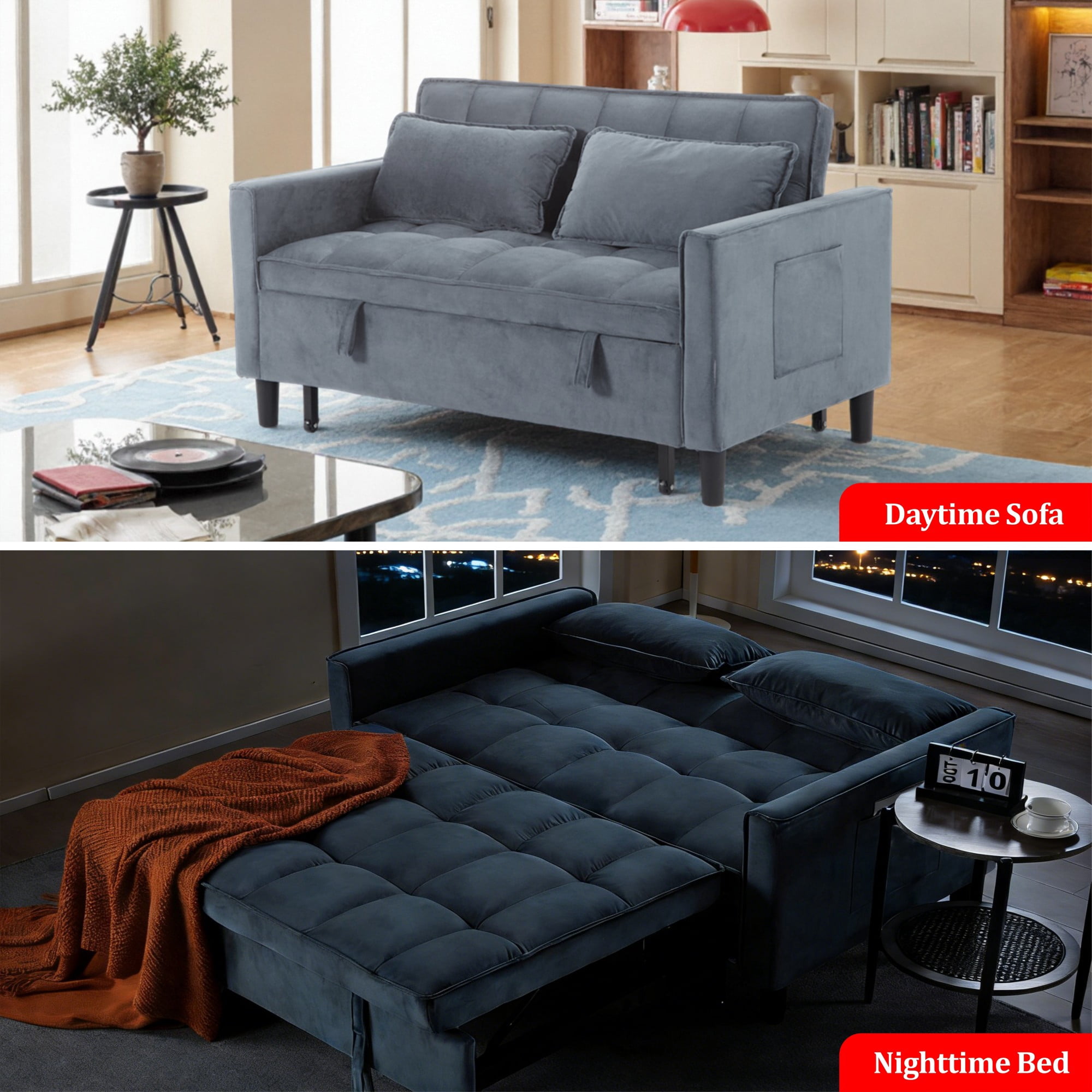 Gewnee 53.94" Pull-Out Sofa Bed – Convertible Twin Size Sleeper Bed,3 Adjustable Backrest Angles & Storage Side Pocket for Living Room,Office,Guest Room.Gray