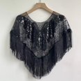 thumbnail image 3 of Women's Fringed Sequined Mesh Cropped Round Neck Shawl Casual Versatile Tassel Cape Small Outer Wear Wrap,Black, 3 of 7