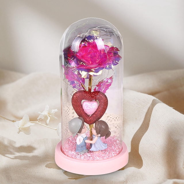 Decoraciones del Día de San Valentín para el hogar Rosa en cúpula de cristal con luces Regalos de aniversario Regalos del Día de San Valentín para el , fondo rosa base rosa Macarena luz de mesa