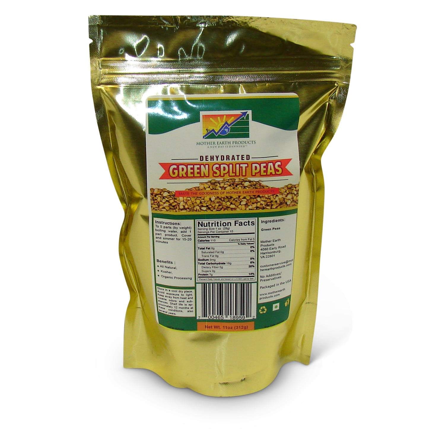 Dehydrated Green Split Peas, 2 full cup Mylar Bag