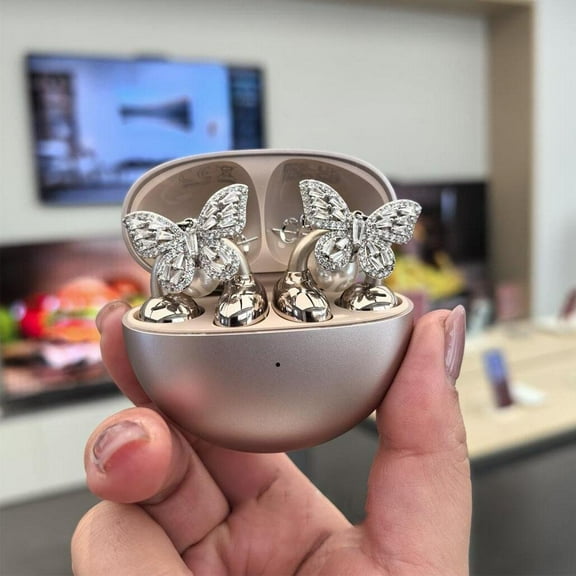 Butterfly Rhinestone for Clip on Earbuds Open Ear, Removable Ear Accessories Exquisite DIY Decoration, 2025 Elegant Clip-On Ear Jewelry Zirconia Decorative Earphone Accessories (Pink Diamond)