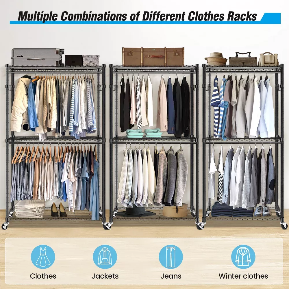 Sailvan Heavy Duty Clothing Rack with 3 Tier Adjustable Shelves, Double Rod Rolling Garment Rack, Small Space Freestanding Closet Wardrobe 16.54"D x 35.43"W x 80.71"H,Gray