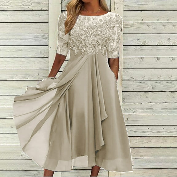 Utoimkio Women's Floral Long Sleeve Lace High Waisted Party Dresses Casual Loose V Neck Party Evening Gown A-Line Midi Dresses for Women