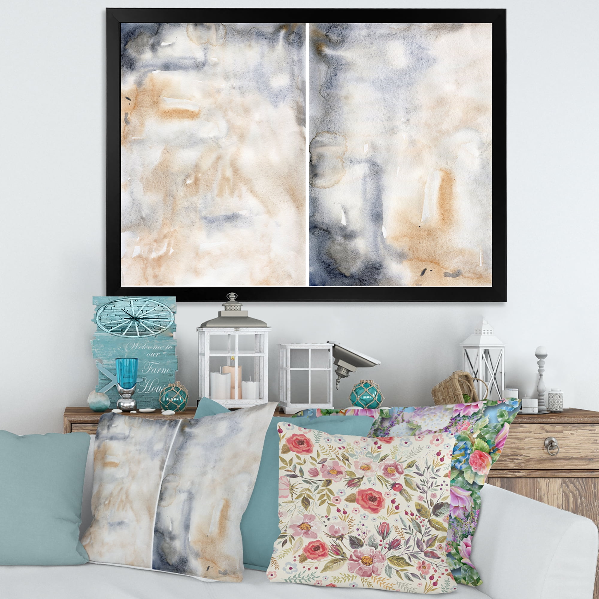 Designart 'Abstract Paste With Dark Blue and Beige' Modern Framed Art Print