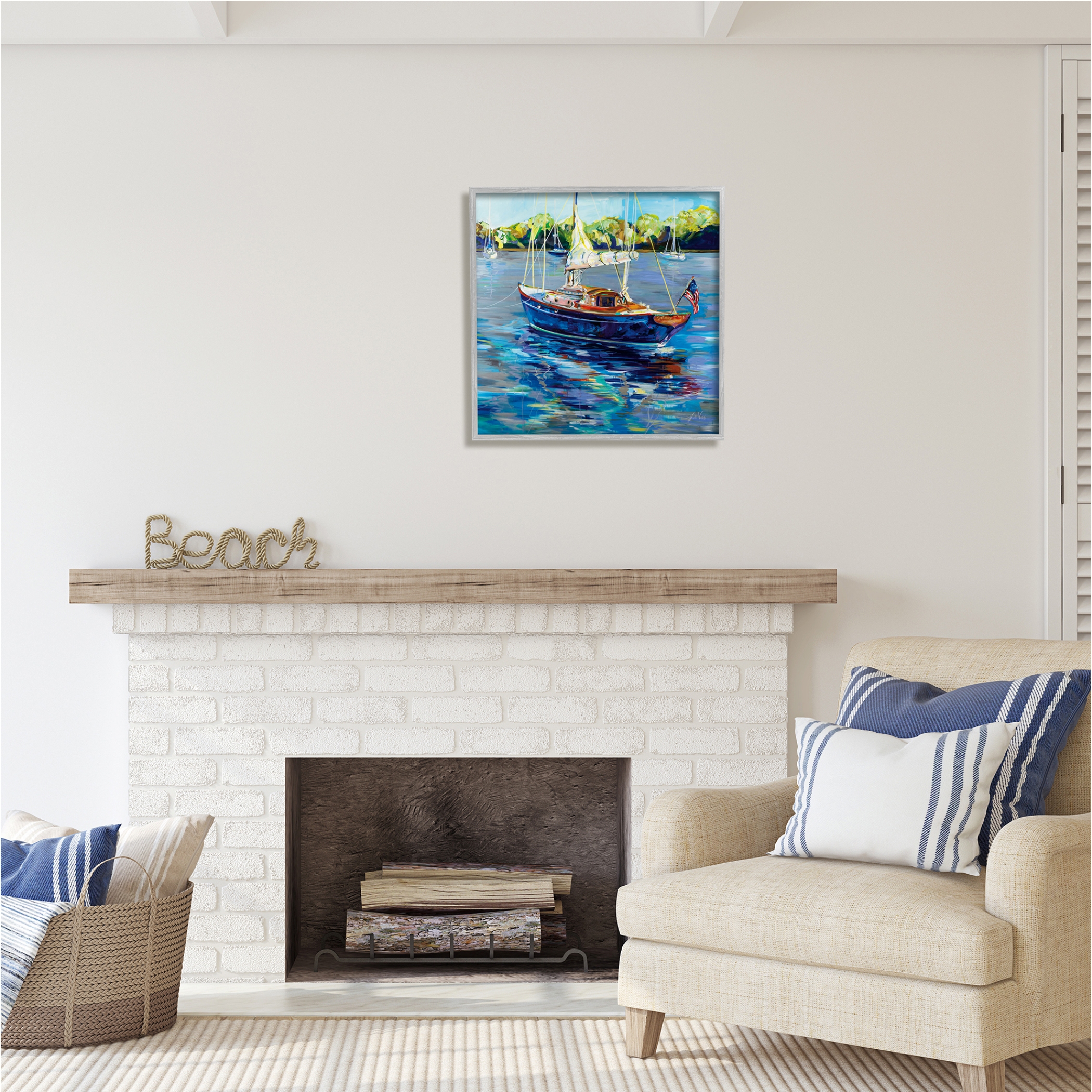 Stupell Industries Boat with American Flag Transportation Painting Gray Framed Art Print Wall Art, 24 x 24
