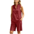 thumbnail image 4 of Bosfbaoi Two Piece Sets for Women Stand Collar Henley Sleeveless Top and Elastic Waist Linen-Look Bermuda Shorts Casual Womens Summer Outfits, 4 of 9