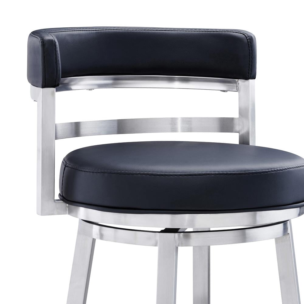 Madrid Bar Stool 30" Seat Height Swivel with Brushed Stainless Steel and Black Faux Leather