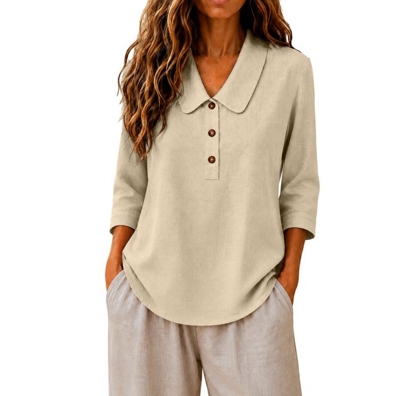 Summer Sales Womens Summer Tops Loose‑Fit Cotton‑Linen 3/4 Sleeve Lightweight Casual Blouse Oversized Tshirts for Women Under 12$