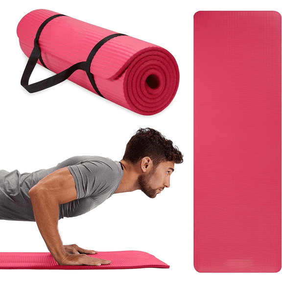 Essentials Thick Yoga Mat Fitness & Exercise Mat with Easy-Cinch Carrier Strap,72"L X 24"W X 2/5 Thick, 10mm-Pink