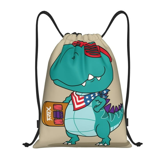 Xecao Cool Dino Playing Skateboard Pattern Sports Drawstring Backpack - String Swim Gym Bag with Wet Proof Pocket for Women&Men-Medium
