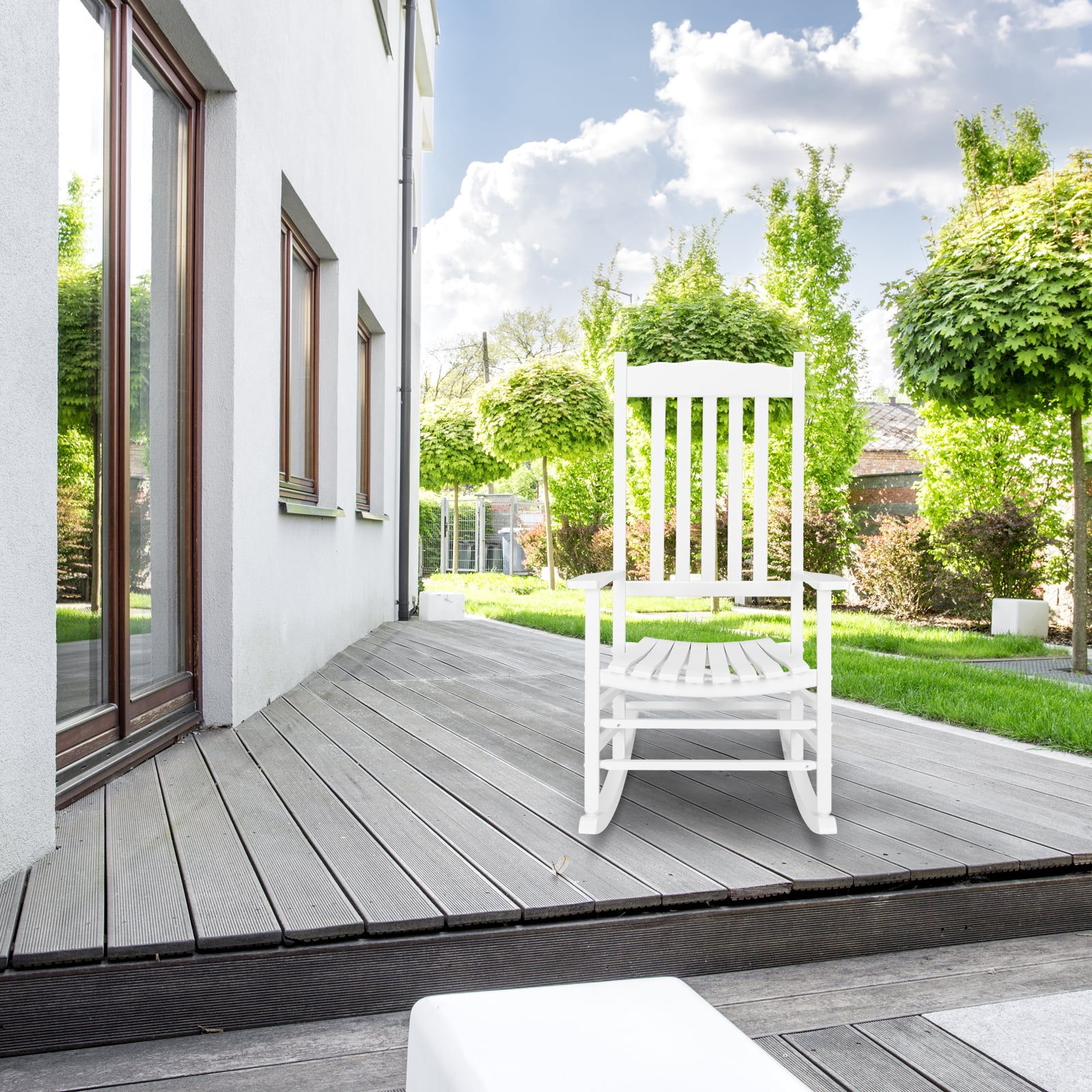 Outdoor Wood Rocking Chair, Wavy Backboard, Weatherproof Patio Rocker for Patio Garden Yard Balcony Poolside, White