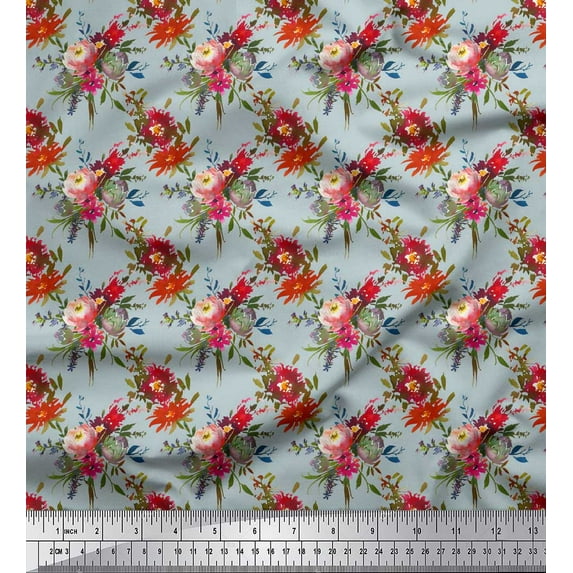 Soimoi Blue Poly Georgette Fabric Leaves & Peony Floral Print Fabric by Yard 42 Inch Wide