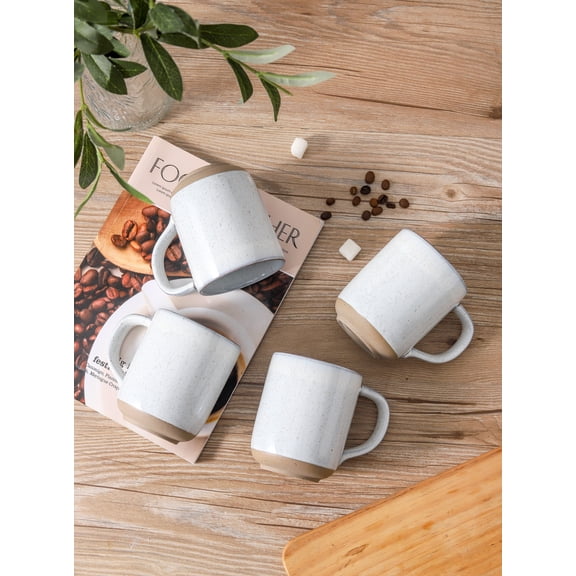 13 oz White Speckled Rustic Stoneware Coffee Mug Set of 4, Two-Tone Glaze Ceramic Cups for Home Kitchen