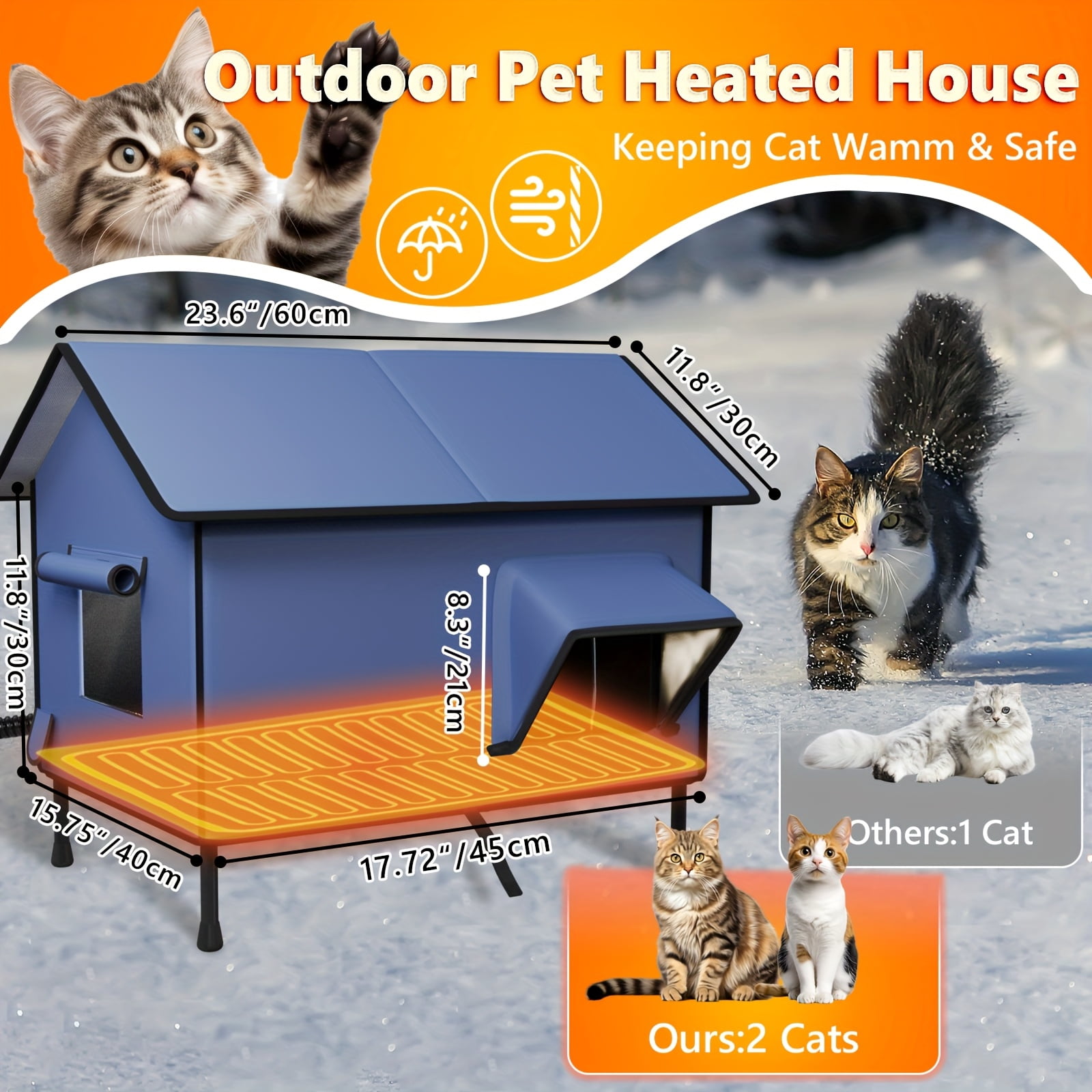 EVERBETTER-Heated Outdoor Cat House with Detachable Heating Pad, All-Weather Proof & Insulated Shelter, Spacious Interior, 2 Doors for Safe Refuge of Feral, Stray, and Barn Cats in Winter