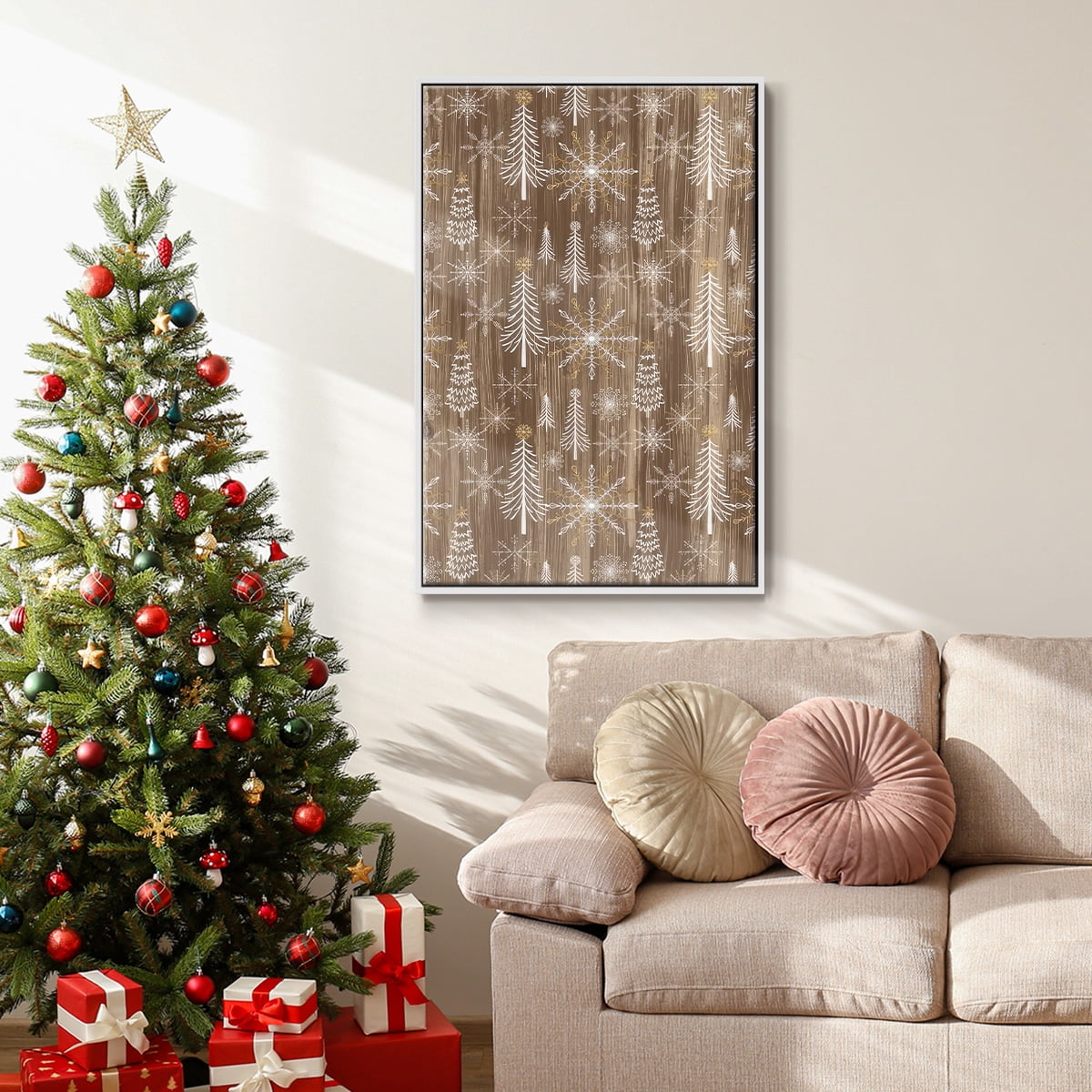 Barnwood Wonderland Collection E - Framed Gallery Wrapped Holiday Canvas - 17 x 25 - White Frame