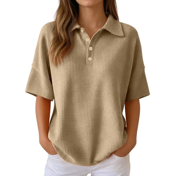 YaEYa Henley Tops for Women Waffle Knit Solid Color V Neck Short Sleeve Polo Shirts Basic Lapel Collared Summer Top (Beige,L)