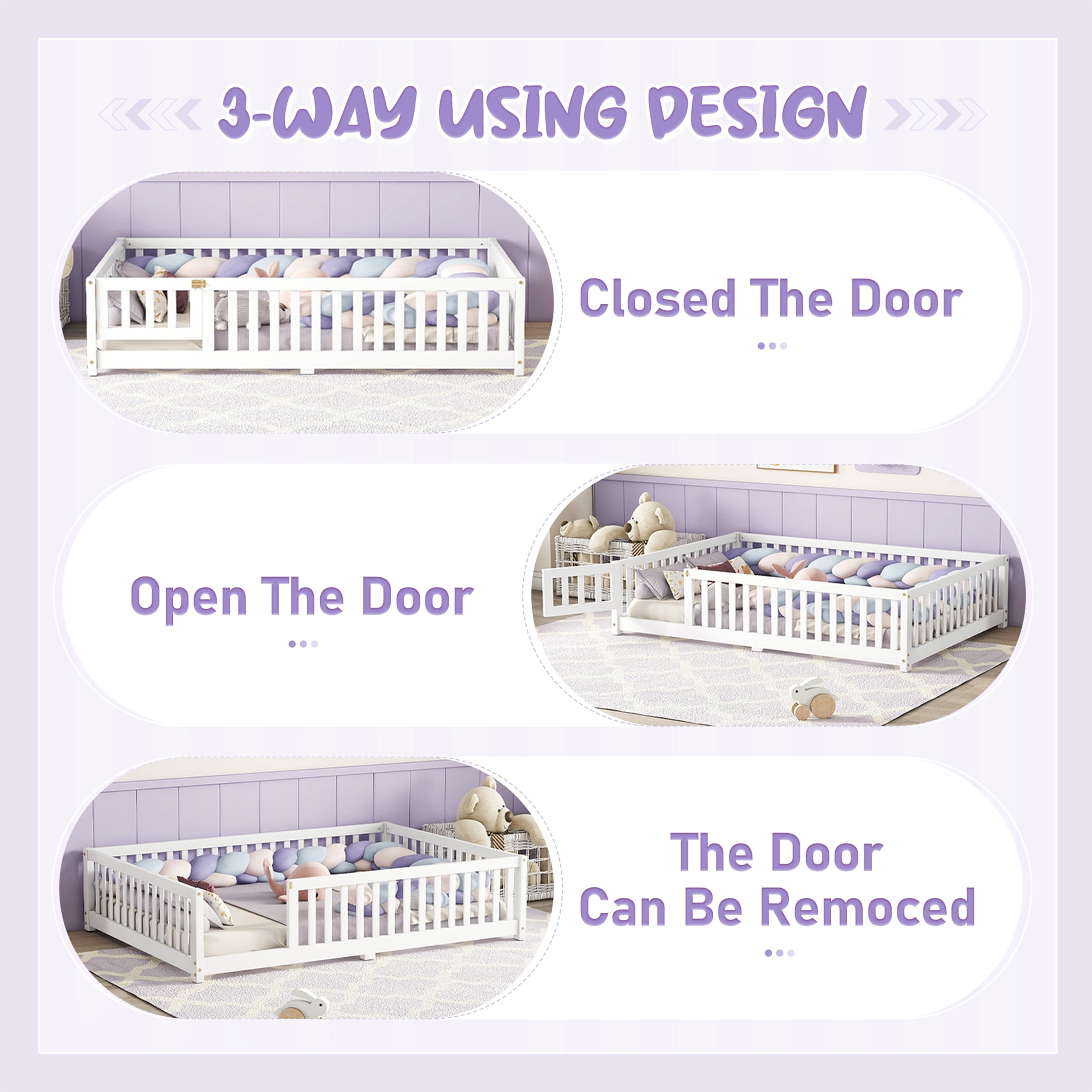 Aukfa Full Size Floor Bed for Kids Children, Wood Montessori Bed Frame with Safety Guardrails and Door, White