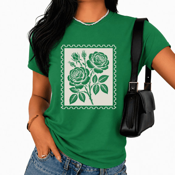 Cozymy Beige Vintage Rose Stamp T-Shirt for Women - Romantic Floral Line Art Graphic Tee