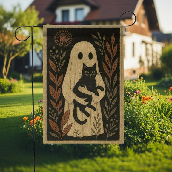 Ghost and Black Cat Garden Flag, Spooky Fall Yard Decor for Halloween, Witchy Cottagecore Outdoor Decoration, Cute Halloween Yard Decoration