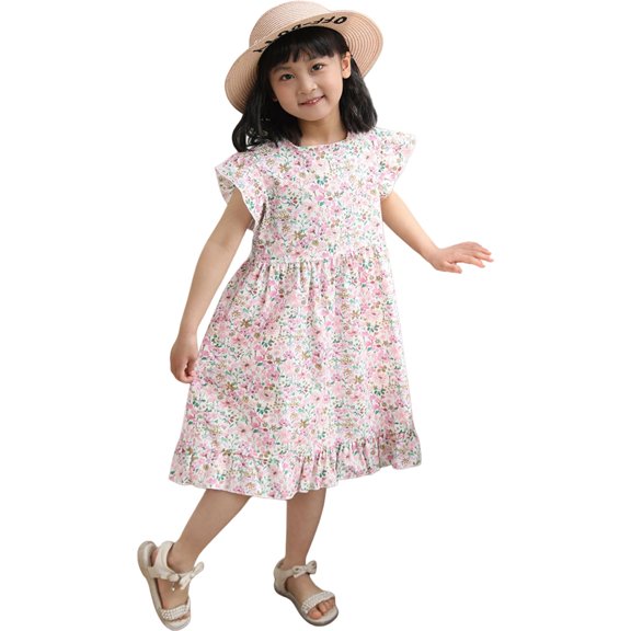 Ruyang Toddler Girls Hawaiian Sundress Print Ruffle Fly Sleeve Crewneck Dresses Summer A-line Swing Beach Vacation Dresses