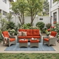 thumbnail image 2 of Ovios 5 Pieces Outdoor Furniture Set High Back All-Weather Wicker Patio Conversation Set with Ottomans, Orange Red(Striped), 2 of 7