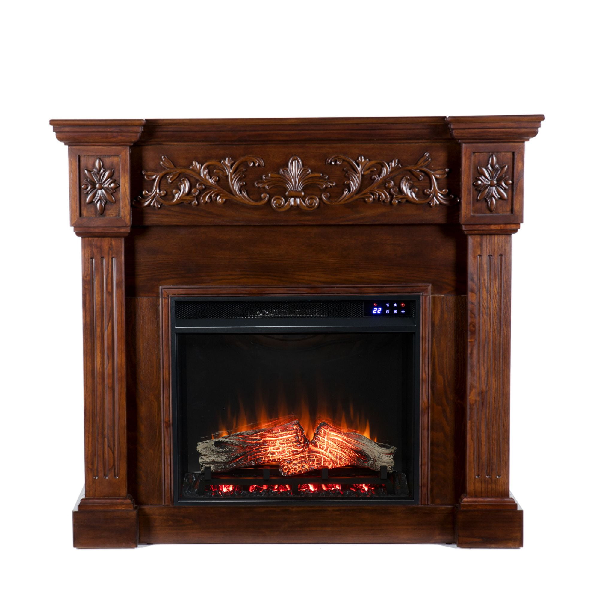 44.5' Chocolate Brown and Black Classic Style Electric Fireplace with Carved Mantel