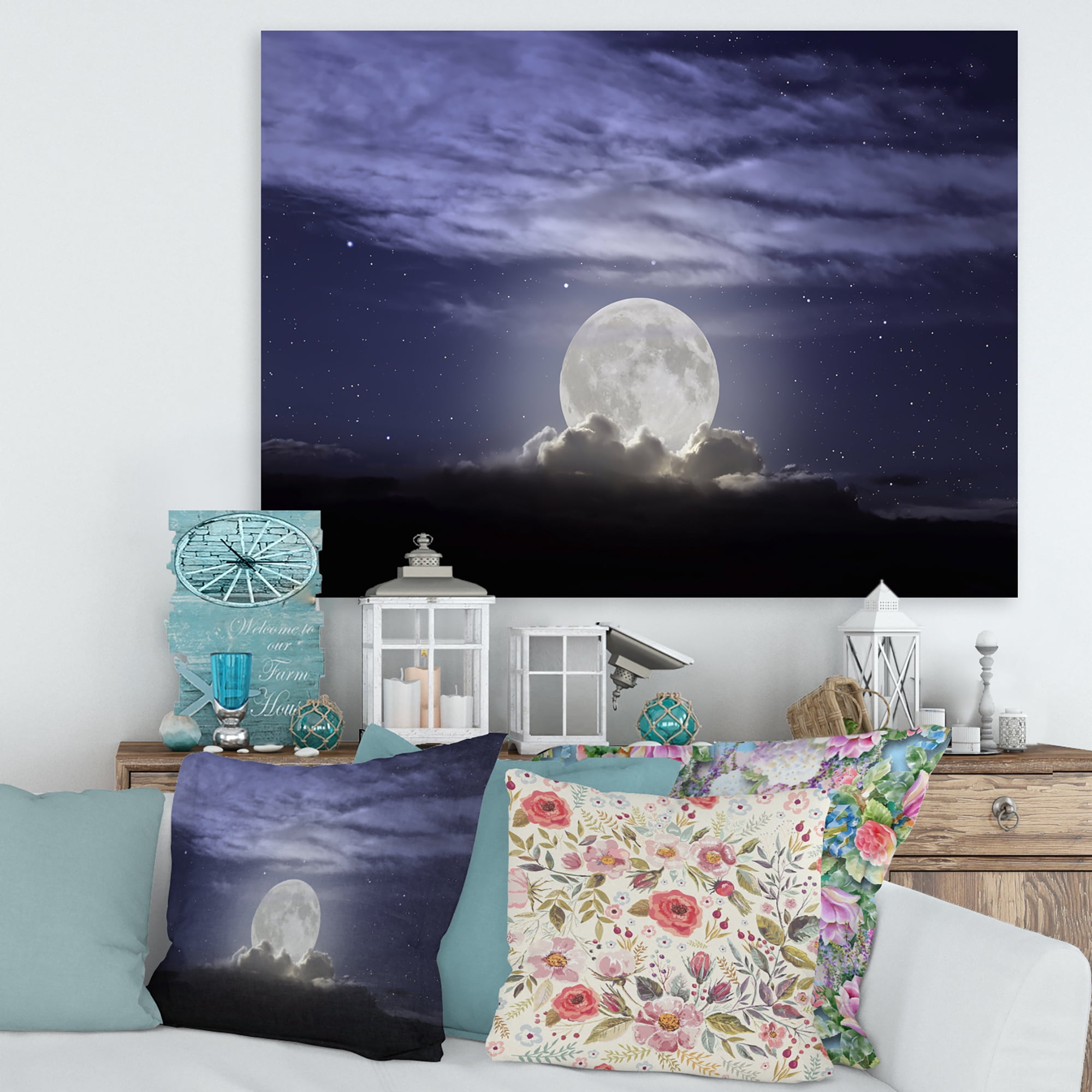 Full Moon Rising In A Cloudy Night Sky 8 in x 12 in Painting Canvas Art Print, by Designart