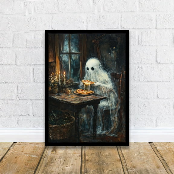 MSFCON Ghost Eating Pizza Print Spooky Art Dark Academia Whimsical Decor Gothic Home Decor Antique Illustration Halloween Poster Rustic Vintage