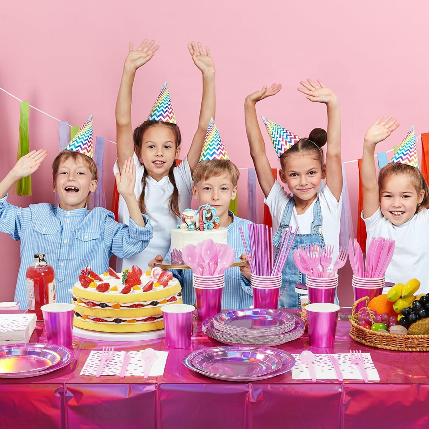 Iridescent Pink Party Supplies Decorations Serve 25,  Disposable Holographic Paper Plates and Napkins Set for Mermaid Disco Birthday Graduation Party
