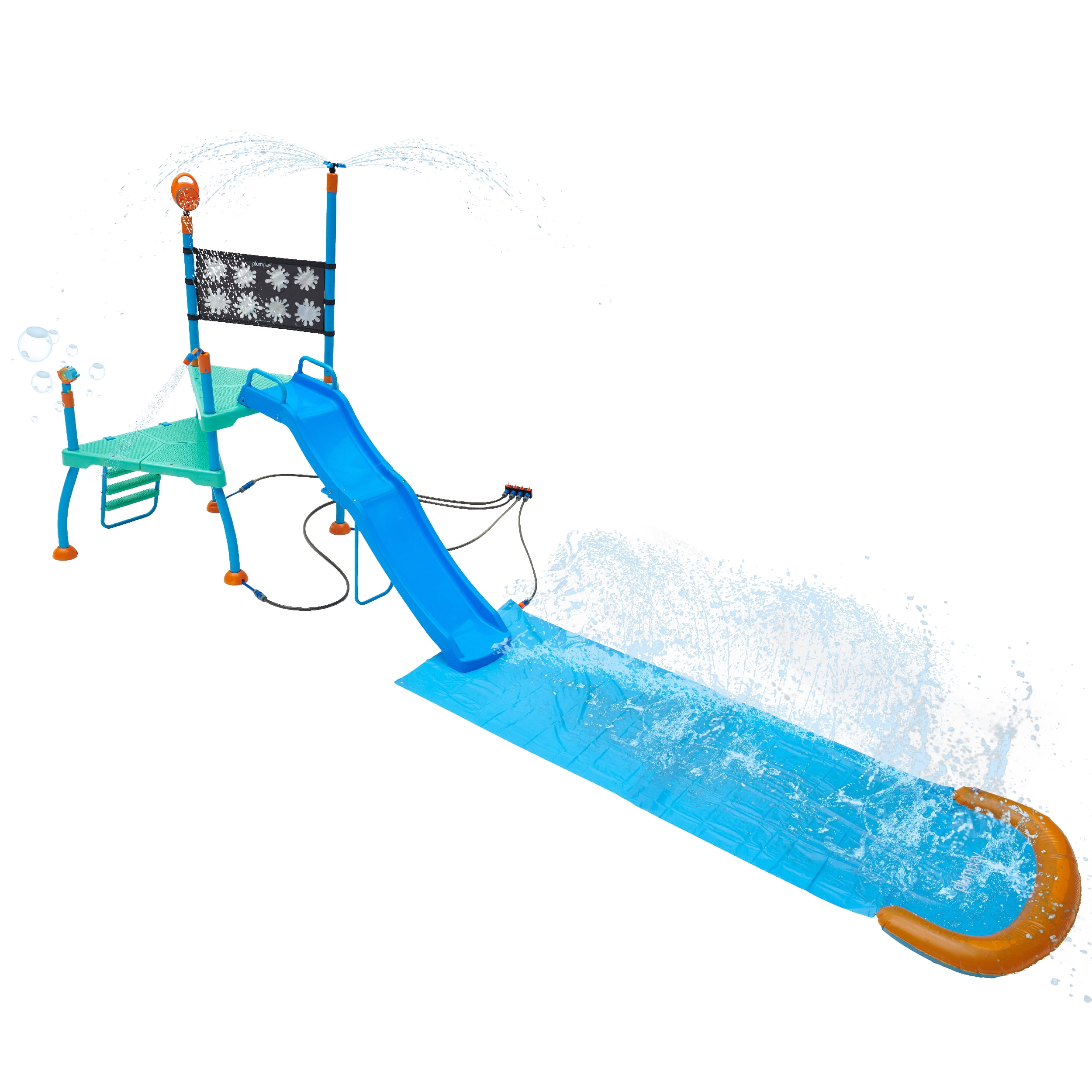 Plum Play Kids Outdoor Water Slide Play Equipment - with Built-in Toy Sprinklers, Backyard Waterpark with Bubble Blower, Coloring Wall 3 Years+, Up to 220 lbs (Shower Tower)