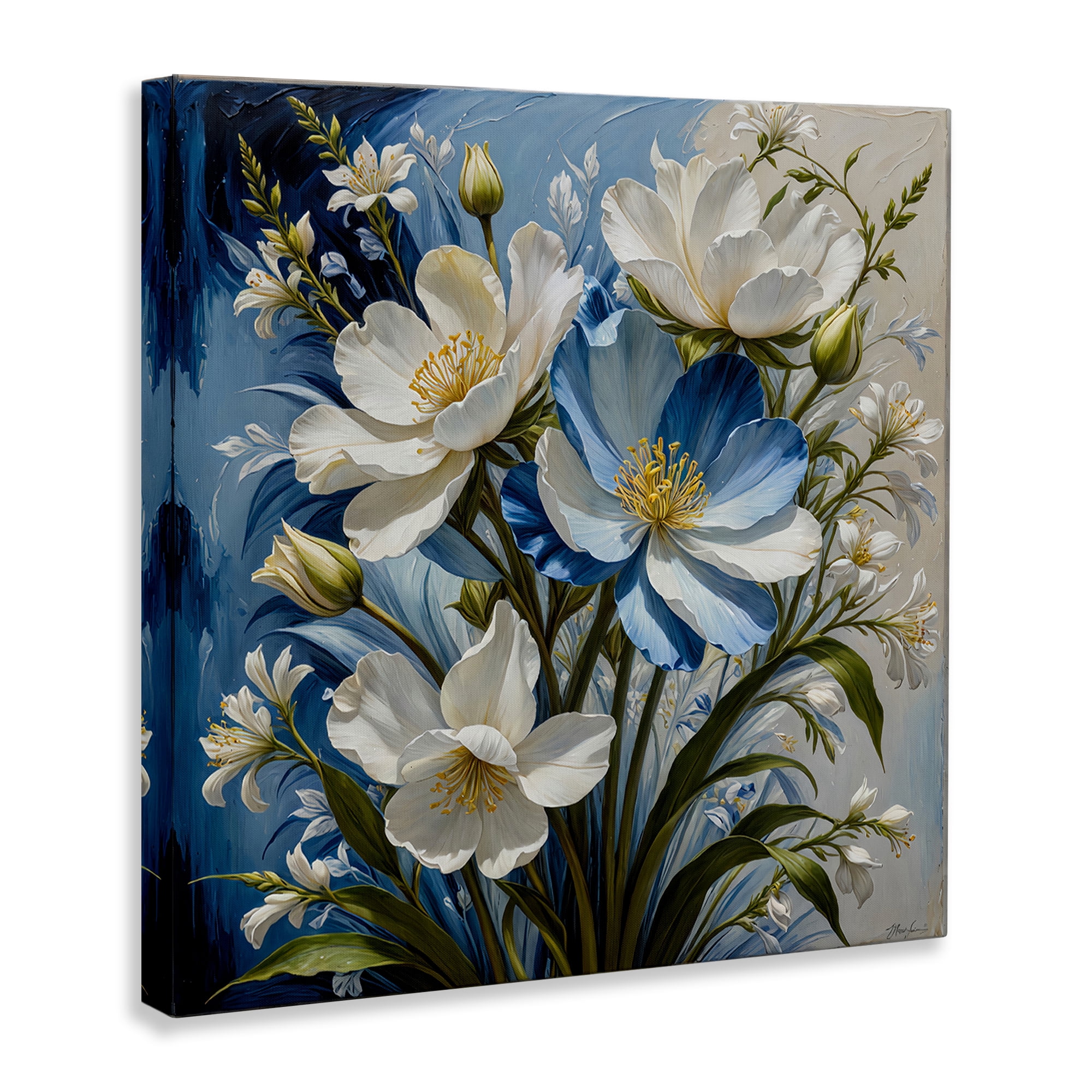 Stupell Industries Curling Floral Petals on Blue Plants & Flowers Painting Wrapped Canvas Art Print Wall Art, 17 x 17