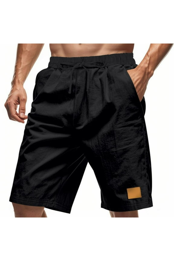 Men's Summer Beach Shorts Casual Elastic Waist Drawstring Vacation Shorts with Pockets Solid Color 2025 Trendy Summer Mens Clothes Clearance Black,S